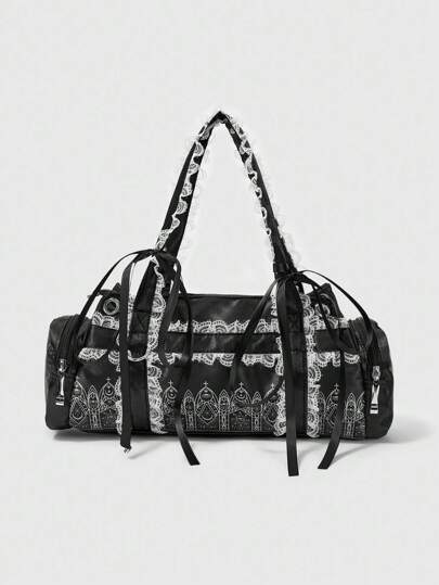 Goth Y2K Lace Shoulder Bag, Architectural Print Lace Round Underarm Bag
