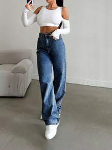 EURMUSE Casual Washed Straight Leg High Waist Jeans - Medium Wash - View 7