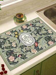 SHEIN 1pc Dark Green Leaf Printed Absorbent Mat, New Kitchen Counter Drying Pad, Dish Drying Mat - Dish Mat, Soft Diatomite Non-Slip Quick Dry Pad, Suitable For Kitchen Countertop, Coffee Maker, Espresso Machine Etc. - Dark Green - View 3