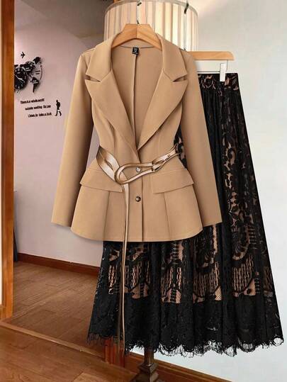 GlowEve CURVE Plus Size Women Business Commute Plain Peak Collar Belted Blazer And Lace A-Line Skirt Suit Set Fall Cloth For Women Autumn
