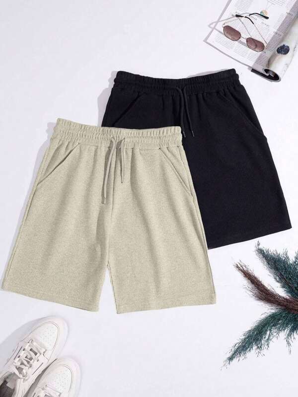 EURMUSE 100%Cotton 2pcs/Set Men's Waffle Fabric Basic Shorts