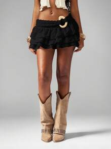MISSGUIDED Ra Ra 迷你裙荷叶边多层夏季海滩度假节日派对休闲 A 字短裙带柳条圆边 - 黑色 - 查看 4
