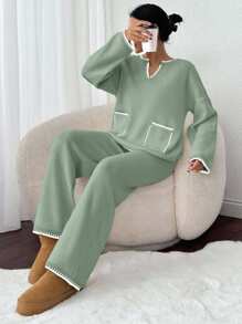 2 Stücke/Set Damen V-Ausschnitt mit Besatz Oversized Langarm Pullover mit Tasche und Strickjose Freizeitoutfit, Drop-Shoulder