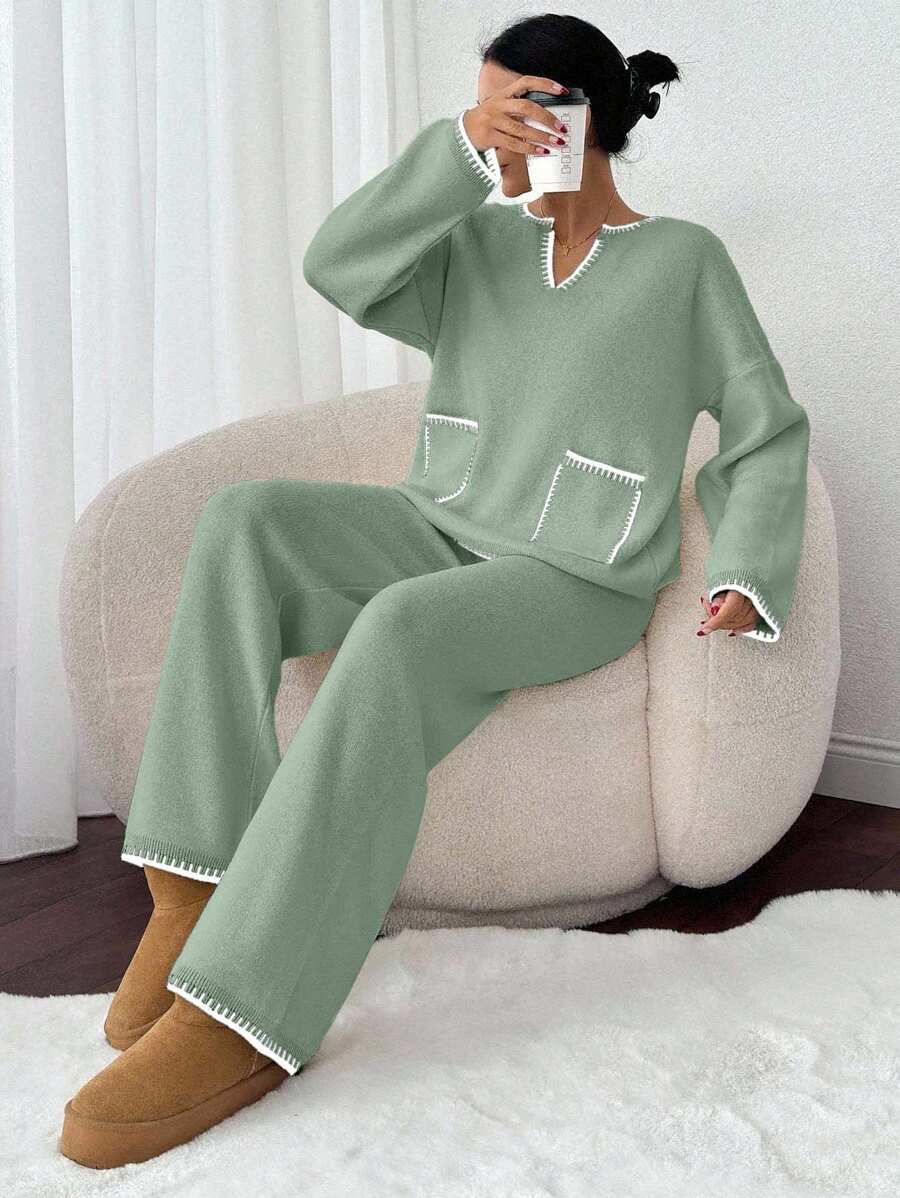 2 Stücke/Set Damen V-Ausschnitt mit Besatz Oversized Langarm Pullover mit Tasche und Strickjose Freizeitoutfit, Drop-Shoulder
