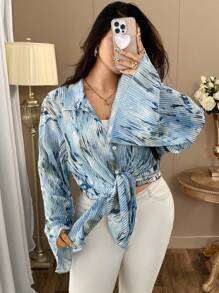 Auvina Plus Size Women's Random Floral Print Bell Sleeve Blouse, Spring Autumn Women Shirt,Long Sleeve Tops