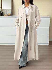 SHEIN EZwear 大码休闲通勤纯色双排扣风衣 - 杏色 - 查看 3