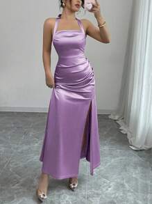 Rafferiza Váy suông bó sát màu sâm panh thanh lịch, xẻ tà hai bên bằng vải crepe co giãn - Màu tím - Xem 5