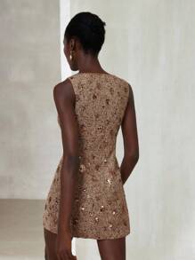 Aveloria Modichic Brown Mixed Tweed Fabric With Sequins Decor Design, Hollow Lapel, Button Embellished Minimalist High-End Style Elegant Waisted Office Commute Versatile Mini Dress For Women