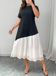 Elenzga 加大码圆领拼色荷叶边下摆短袖夏季长裙女装 - 黑與白 - 查看 1
