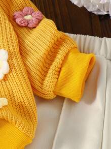 Conjunto de suéter con flores 3D tejidas y pantalones de pierna recta para bebé niña, para otoño/invierno - Amarillo - Ver 5