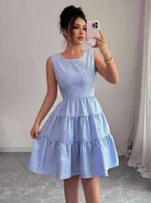 Rafferiza 女式法式露背蝴蝶结条纹无袖迷你连衣裙 - 藍白色 - 查看 4