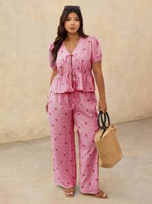 Elaquor 大码女式条纹蝴蝶结泡泡袖衬衫和裤子两件套休闲套装 - 紅色 - 查看 6