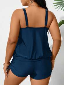 Swim Lushoire Plus Size Women's Simple Solid Color Round Neck Drawstring Ruched Tankini Swimsuit, Summer Beach Holiday Style Plus Size Summer Set - Navy Blue - View 2