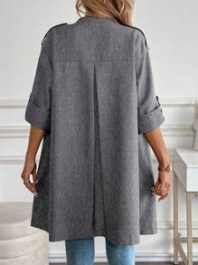 EMERY ROSE 女士纯色简约休闲长袖常规夹克灰色夹克女士长款夹克灰色开衫长款灰色夹克女士秋冬灰色夹克 - 深灰色 - 查看 2