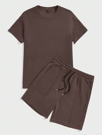 Manfinity VCAY 2 Stücke Herren-Set aus lässigem Strick-T-Shirt mit Rundhalsausschnitt und kurzen Ärmeln sowie Shorts mit geradem Bein und mittlerer Taille und Kordelzug, einfarbig, für den Alltag geeignet