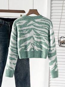 Franclia 女式撞色圆领长袖套头毛衣针织套头衫秋冬 - 綠色 - 查看 2