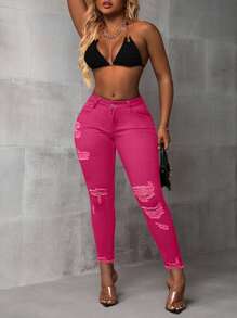 Slaydiva Plus Size Women Pockets Distressed Casual Versatile Skinny Jeans - Hot Pink - View 6