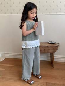 Dazy Kids Bộ 2 món/Bộ áo ren chắp vá không tay và quần ống rộng thường ngày cho bé gái, bé gái - Rửa nhẹ - Xem 8