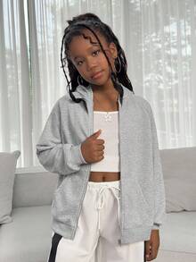 女童拉链口袋插肩袖休闲卫衣外套，适合周末、休闲外出、返校等场合，灰色儿童拉链卫衣，女童灰色卫衣，女童灰色拉链卫衣，秋冬季 - 淺灰色 - 查看 7