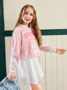 Tween Girl Pink And White Tie-Dye Graphic Print Oversized Sweatshirt,Autumn Casual School Back-To-School Loose Fit Pullover With Fun Letter & Pattern - Pink - View 8