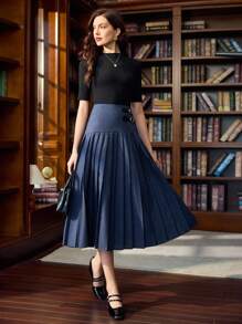 Vintamour 女士复古优雅褶皱休闲/工作/度假长裙假期返校教师商务休闲女士生日假期办公室学校西部装女士返校秋冬秋季教堂节日机场女牛仔生日 - 藍色 - 查看 4