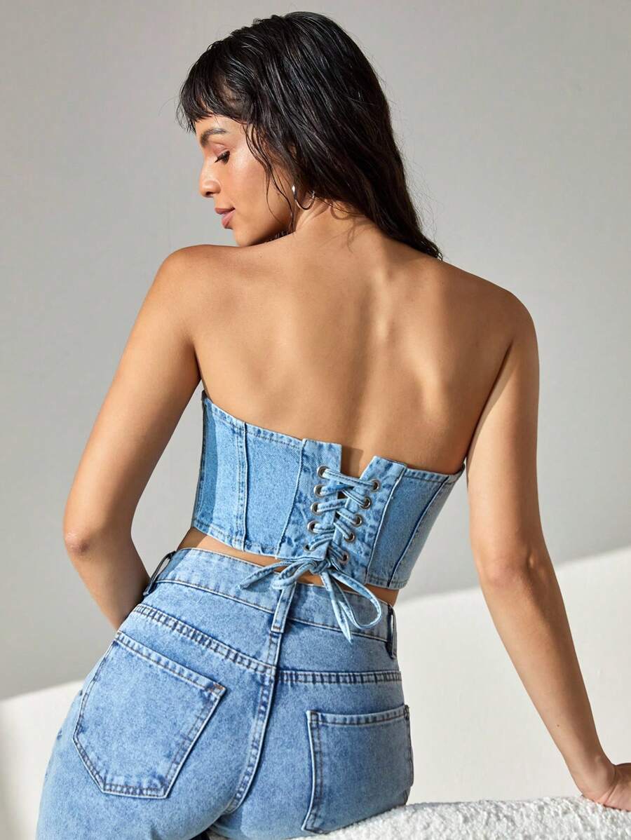 CLARA VERO Woman Back Lace Detailed Strapless Denim Top Denim Two Piece Outfits Denim Tube Top Jean Tube Top Denim Corset Top Jeans Top - Medium Wash - View 1