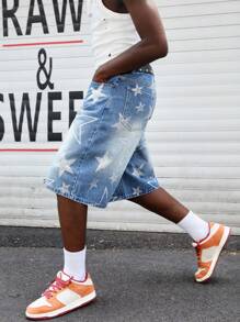 ROMWE MEN Street Life Shorts in jeans casual e ampi con stampa a pentagono sulla tasca, da uomo - Blu - Visualizzare 4