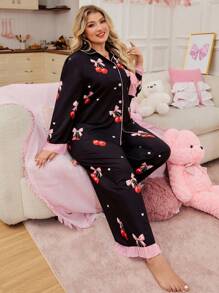 SweetSlumber Große Größen süßer Schmetterling & KirscMusterck Spitze Patchwork Kragen Nachtwäsche Set, Herbstkleidung