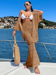 EURMUSE Women Vcay Crochet Knit Three-Quarter Sleeve Kimona And Pant Cover-Up Set Ibiza Outfit