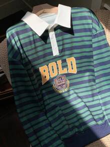 Comfortcana Sudadera casual de mujer con estampado de rayas y letras, estilo universitario - Verde - Ver 5