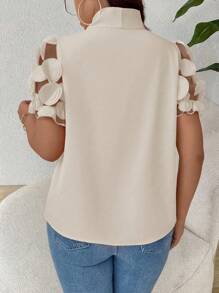 Breezaya Plus Size Women Elegant Casual Mesh Insert Patchwork Blouse - Apricot - View 2
