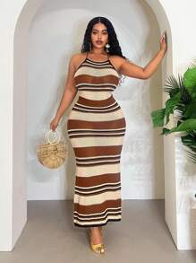 Veslaya فستان ماكسي كروشيه محبوك بأكمام بلا أكتاف وفتحة خلفية مربوطة، بتصميم متعدد الألوان مخطط، مناسب للحفلات والخروجات الصيفية والشاطئية - مقاسات كبيرة