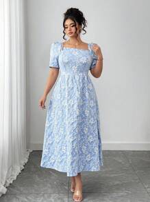 Elenzga 大码女式方领泡泡袖腰部收腰后蝴蝶结设计连衣裙，百搭时尚，适合春夏季节，适合日常通勤、派对、活动 - 藍色 - 查看 5