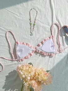 Swim Mod 女士格子褶饰比基尼上衣，甜美休闲性感沙滩装 - 粉色 - 查看 6