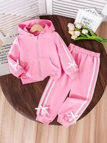 Conjunto deportivo casual de 2 piezas para niñas con sudadera con capucha rosa y decoración de lazo 3D, y pantalones, adecuado para actividades al aire libre, deportes de ocio y uso diario