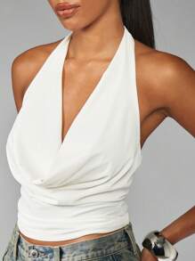 MISSGUIDED 围脖领口露背上衣短款露背背心夏季晚会俱乐部装无袖衬衫系带休闲时尚 - 杏色 - 查看 6