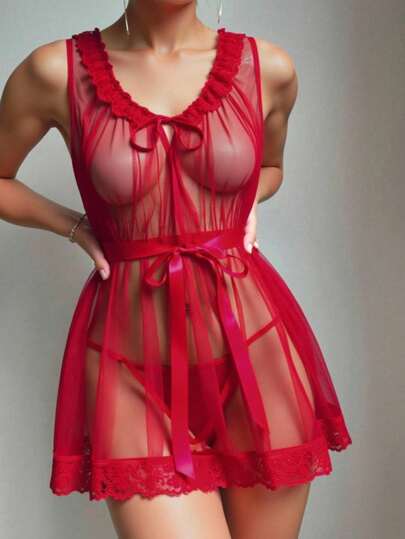 ROMWE Avant Women's Sexy Romantic Mesh Lace Bowknot Sheer Nightgown