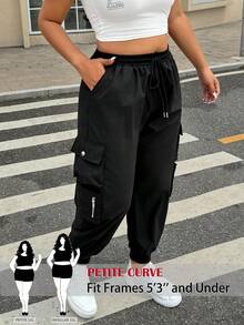 SHEIN PETITE CURVE Black Plus Flap Pocket Drawstring Cargo Pants - Black - View 1