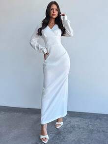 Firerie 女士简约优雅休闲/工作装白色 V 领长袖修身连衣裙，适合秋季、复古风格、正式场合 - 白色 - 查看 2