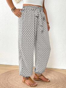 SHEIN Frenchy 大码女式几何印花系腰宽松哈伦裤 - 白色 - 查看 6