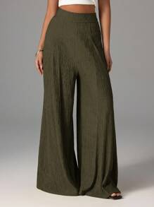Firerie 女士优雅休闲纹理面料高腰阔腿裤，适合海滩、机场和风格 - 軍綠色 - 查看 6