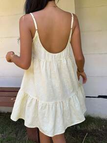 MainGRL Vestido mini de tirantes con volantes en el bajo con estampado floral jacquard amarillo para mujer - Amarillo - Ver 2