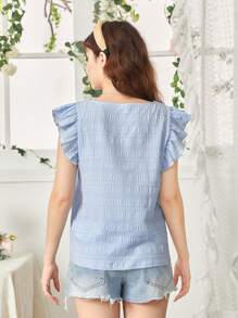 SHEIN Teen Girl Weave Texture Solid Color Square Collar Short Sleeve Casual Shirt