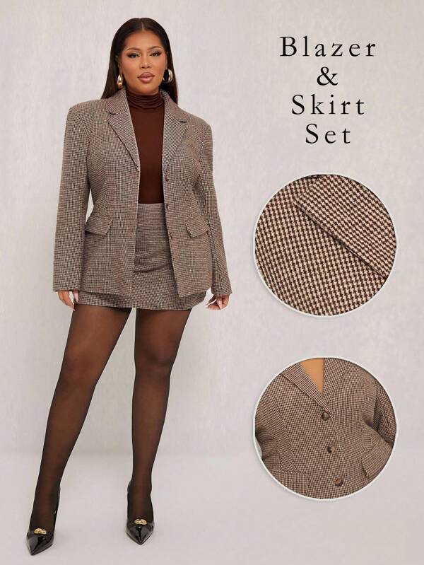 SHEIN SXY Plus Size Women's Spring&Summer Elegant Sexy Daily Basic Retro 2pcs/Set Chic Brown Plaid Cinched Waist Blazer + Elastic Waist Skirt 2-Piece Set (Including Shoulder Pads),Suitable For Sexy Office Siren Coquettish,Cruise Attire,Commuting,Business,Resort,Outing,Beach Vacation,Richly Layered,Holiday,Date Night,Birthday,Bachelorette Party Outfit ,Cocktail Party,Formal Event,Gyaru,Ibiza,Nashville,Break,Rave,Modest,Chic,Club,Cute,Casul,Shopping, Streetwear,Going Out,Coquette,Flatter The Figure