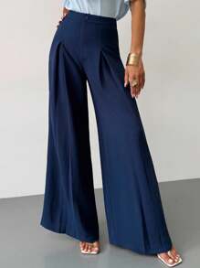 Firerie 女士新款简约优雅日常休闲百搭高腰褶皱设计宽松阔腿裤，适合夏季、办公室穿着、秋季女士、返校、女士办公室、办公室、机场、旅行机场、外出 - 藏蓝色 - 查看 1