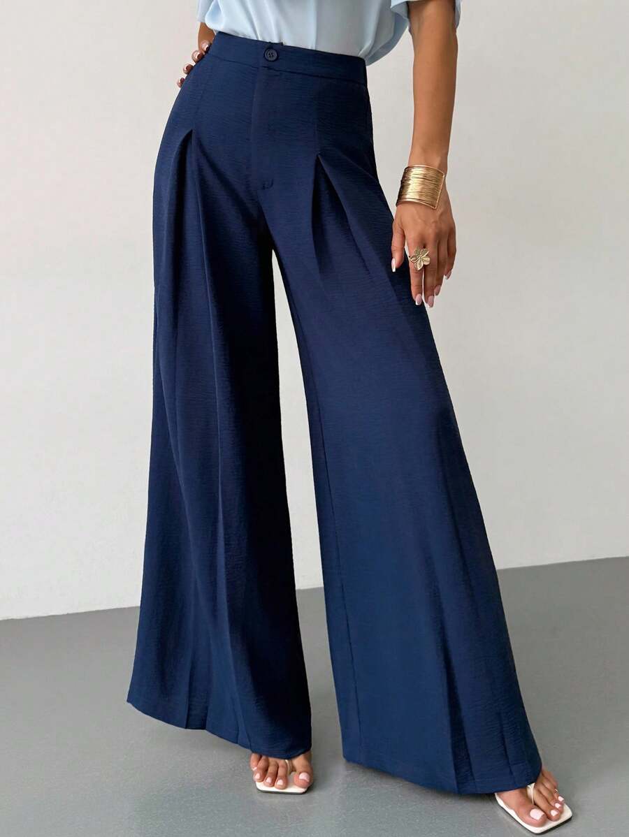 Firerie 女士新款简约优雅日常休闲百搭高腰褶皱设计宽松阔腿裤，适合夏季、办公室穿着、秋季女士、返校、女士办公室、办公室、机场、旅行机场、外出 - 藏蓝色 - 查看 1