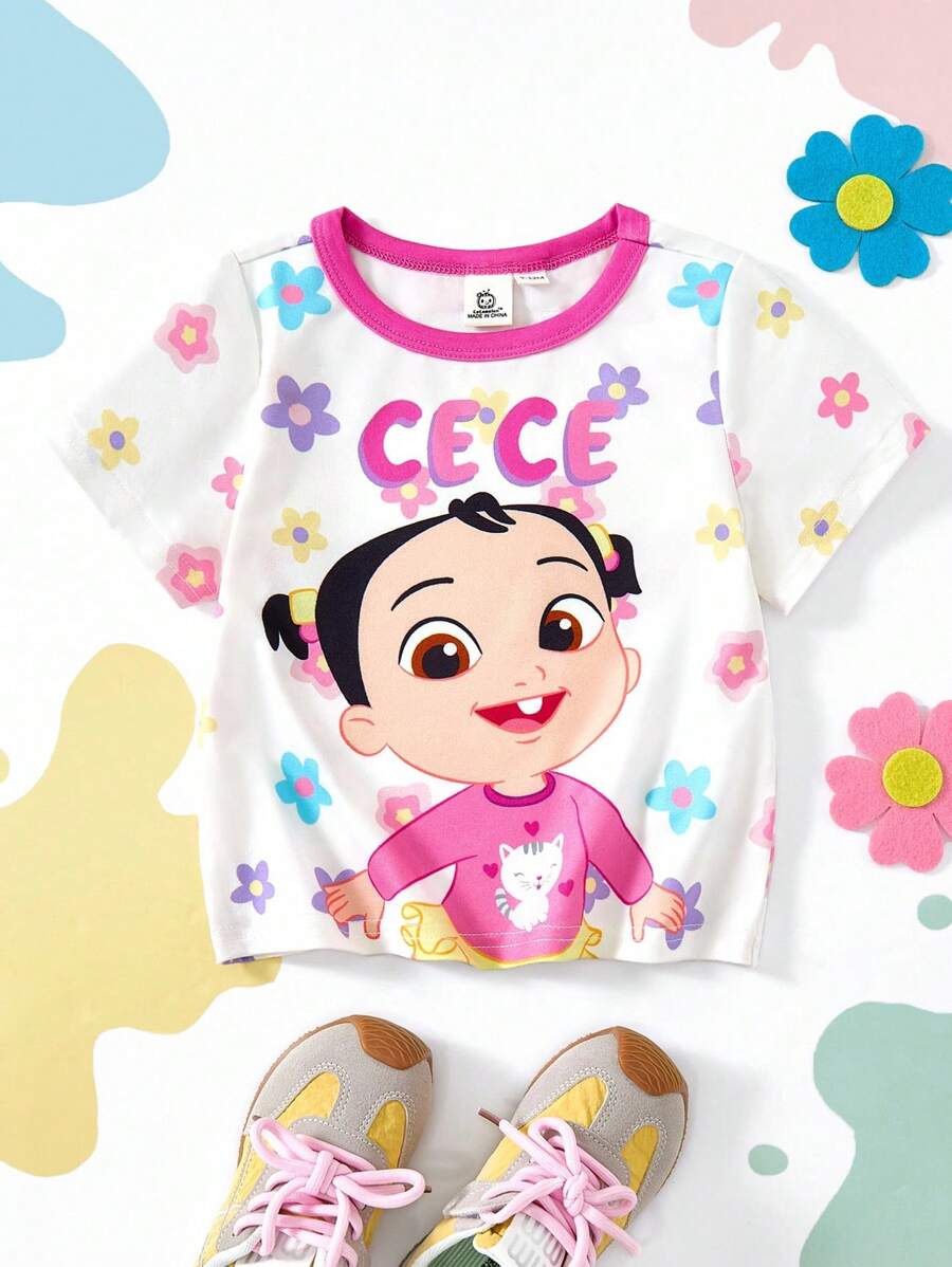 CoComelon X SHEIN Baby Girl Cute Cartoon Figure Graphic White Casual Sweet Cute Short Sleeve T-Shirt - Pink - View 1