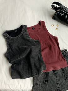 Comfortcana Conjunto de top de punto ajustado con lavado ácido de dos colores - Burdeos - Ver 3