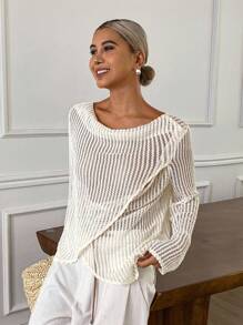 DAZY Dessus ample transparent et semi-transparent de couleur unie minimaliste et décontracté pour les vacances, avec ourlet enveloppant et détails ajourés