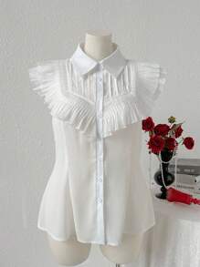 SHEIN Clasi Plus Size Summer Casual Solid Color Ruffle Front Button Up Shirt - White - View 4